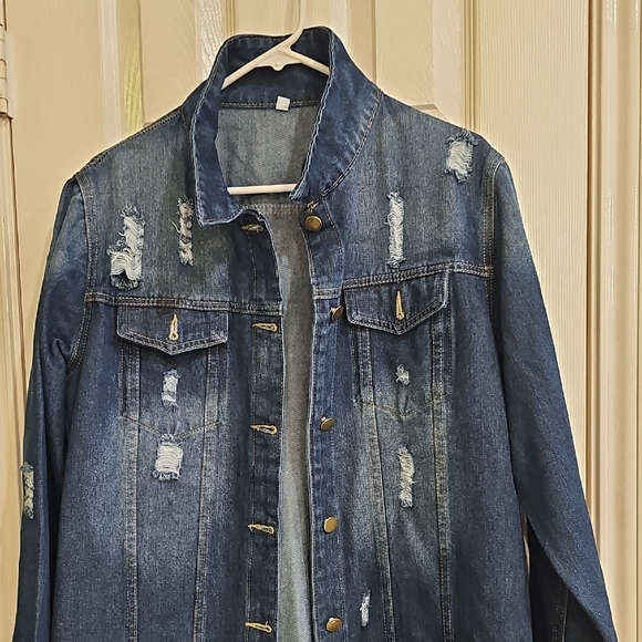 New Only Jeans Women's Long Ripped Button Up Denim Dark Blue Jacket XL - Picture 9 of 12